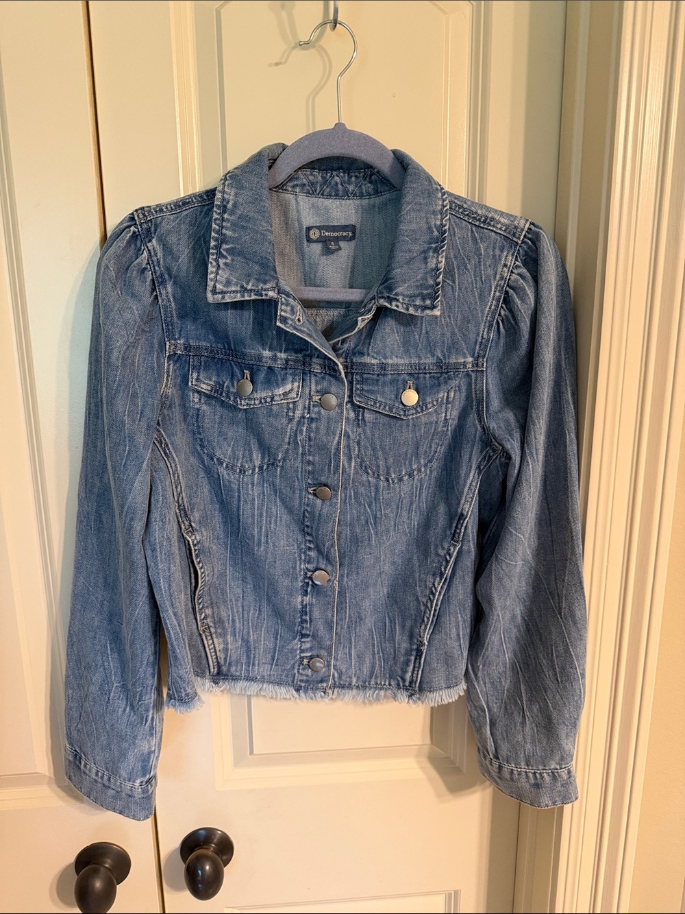 Democracy Washed Blue Denim Jacket with Frayed Hem